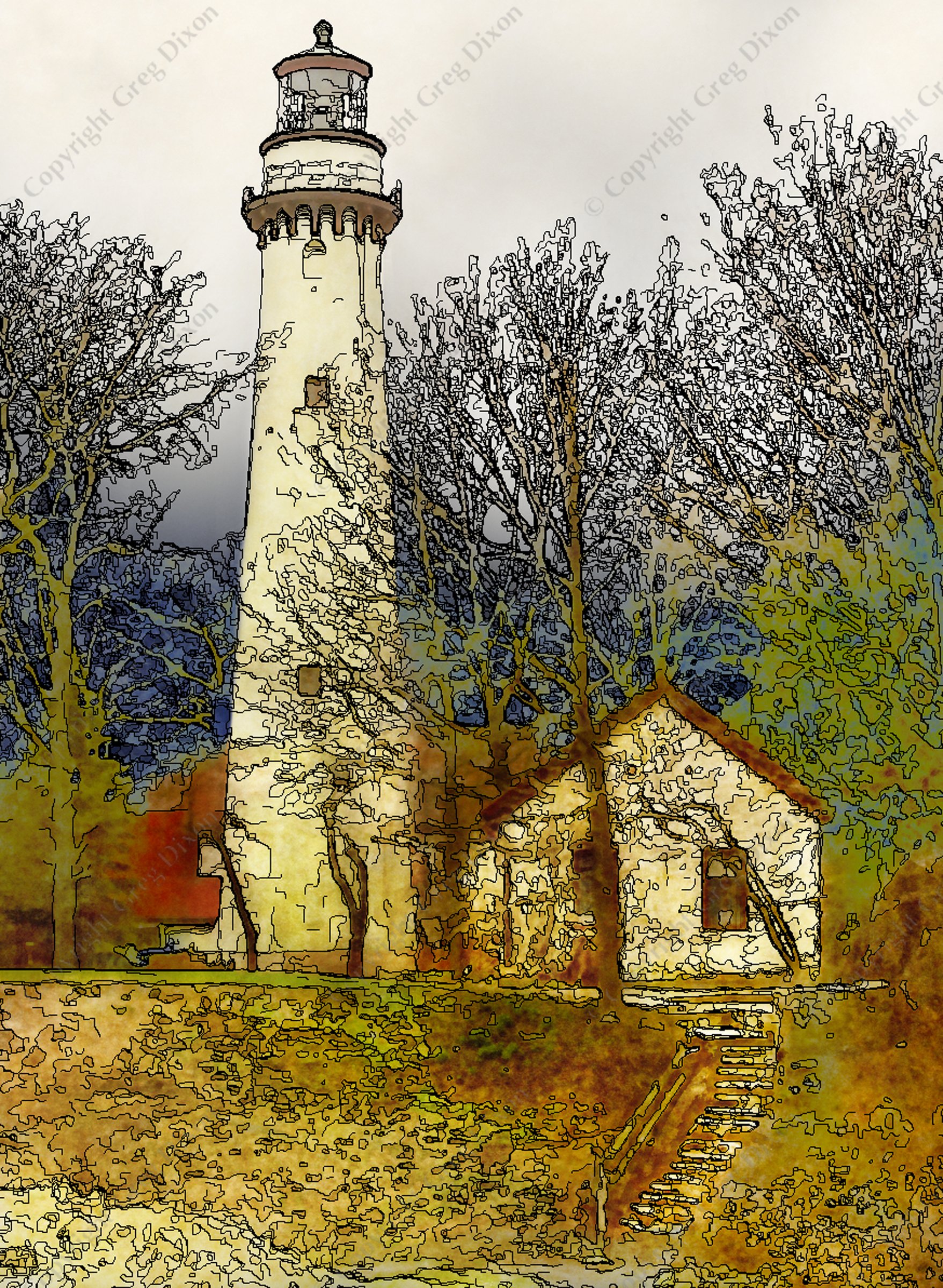 "For the Love of Piet"  Grosse Point Lighthouse  Evanston, Illinois | The 1873 lighthouse stands on the shore of Lake Michigan with trees budding after a long winter on Friday, April, 19, 2013 | Limited Edition of 3 Prints by Greg Dixon | Digital Photograph with digital ink outline and digital hand watercolor