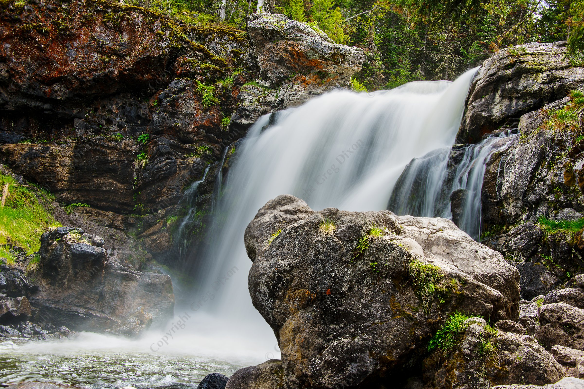 "Whisper"  Yellowstone National Park  Moose Falls | Crawfish Creek flows gracefully over Moose Falls in southern Yellowstone on the afternoon of Thursday, June 6, 2013 | Limited Edition of 3 Prints by Greg Dixon | HDR Image: Stack of 8 Digital Photographs